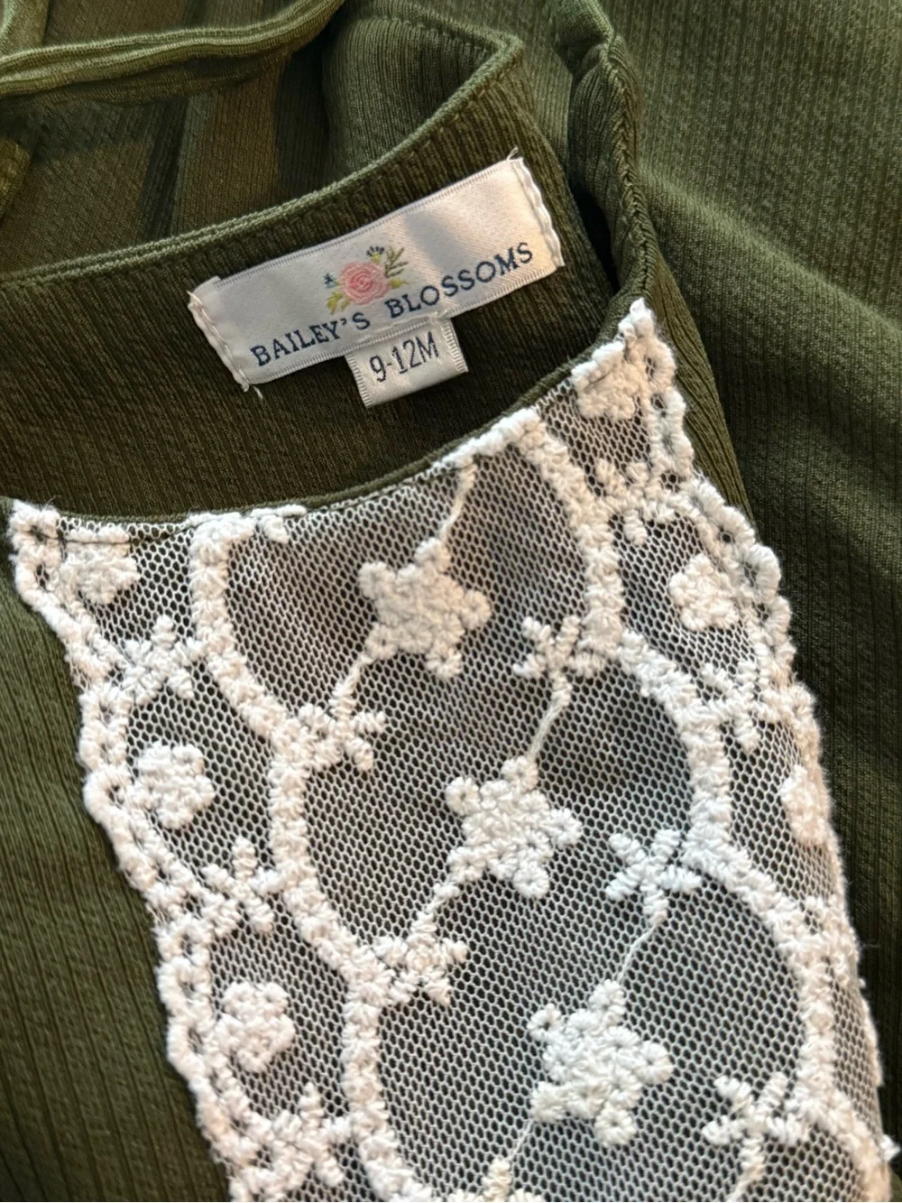 Bailey’s Blossoms Olive Green Ribbed Lace Tie Strap Romper 9-12M